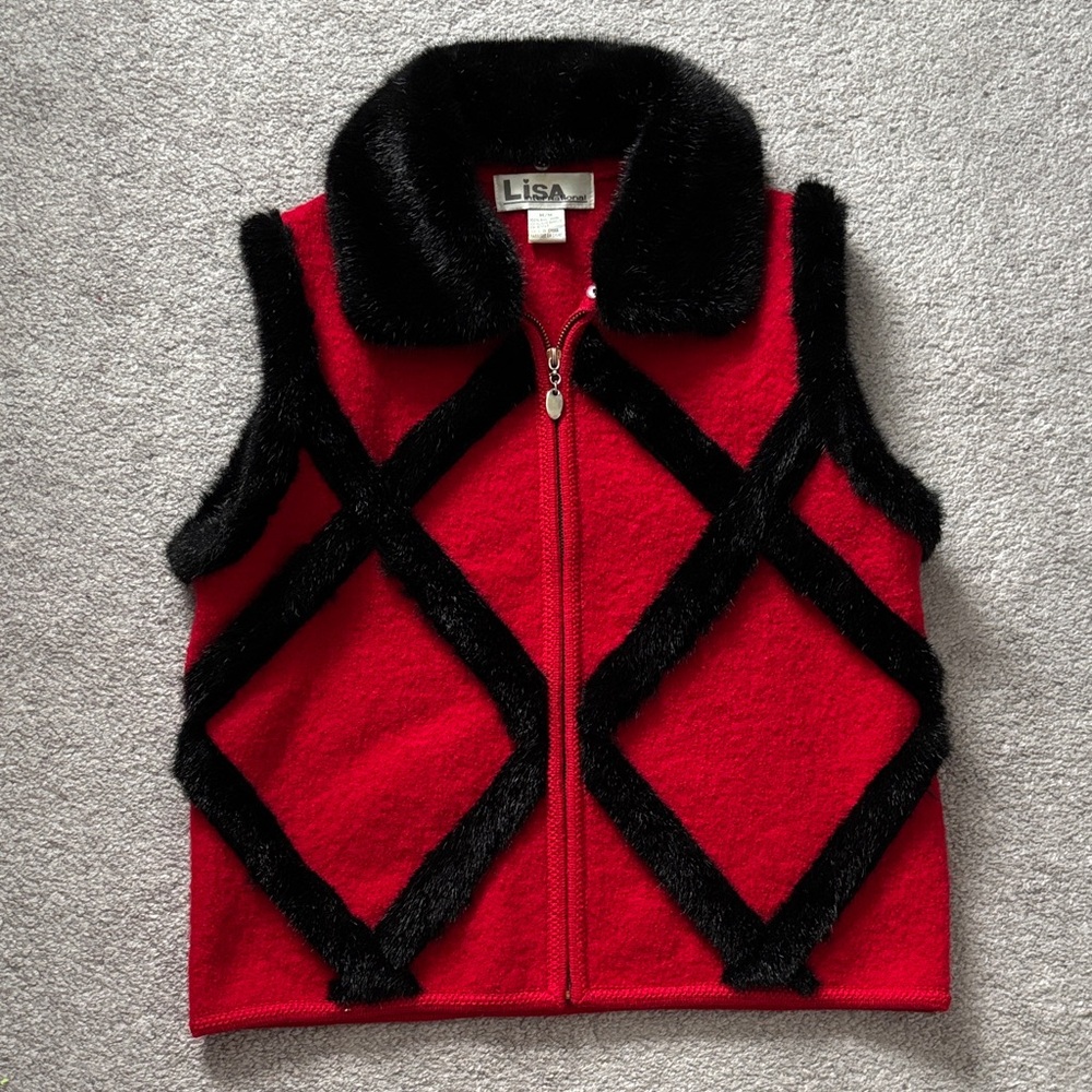 Lisa International Red and Black 100% Boiled Wool Vest